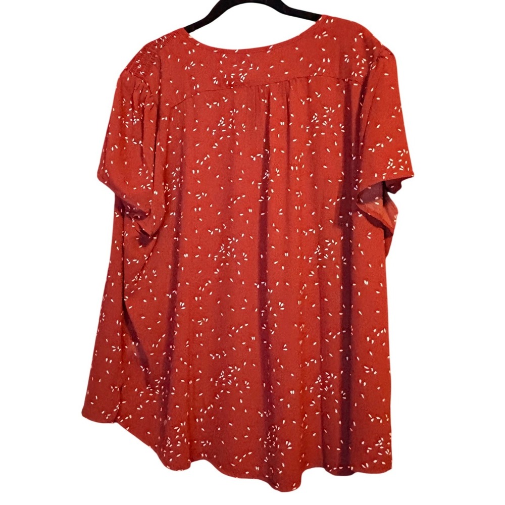 Monday Fun Womens Plus 2X Rust Red White Seed Print Split Neck Blouse FT88901P-2 - Picture 5 of 6